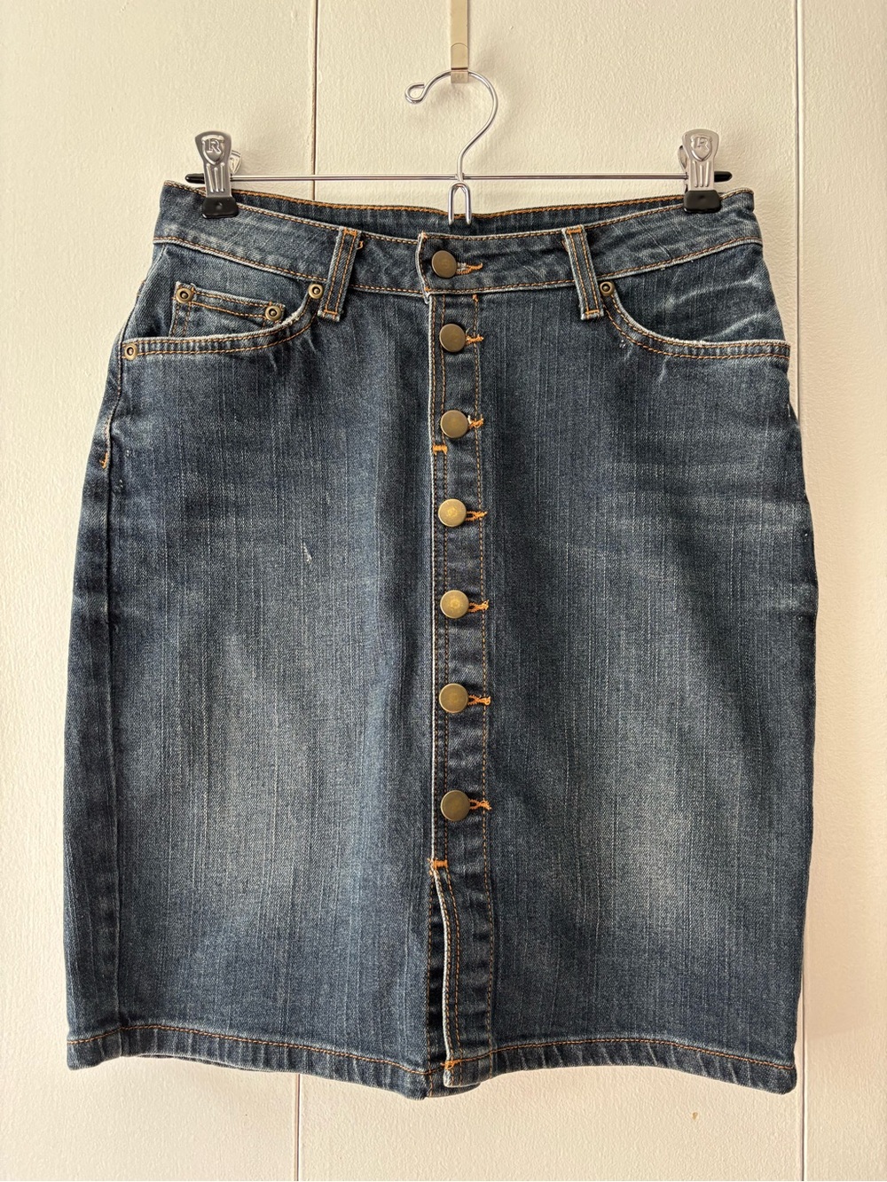 Garnet Hill Denim Skirt Petite 2P Dark Blue Gray Button Front Western Vintage